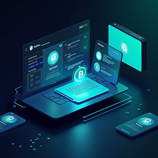 Modern digital learning platform showing blockchain technology concepts, cryptocurrency education materials, and interactive learning modules on a sleek interface with blue and teal gradient accents