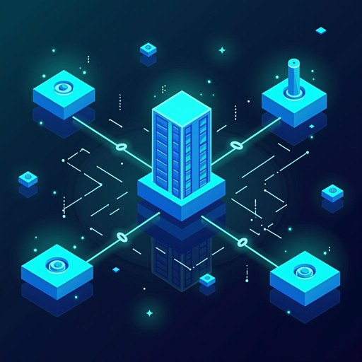 Visual representation of blockchain technology showing interconnected blocks, distributed network nodes, and cryptographic elements in a modern digital illustration with blue and teal color scheme