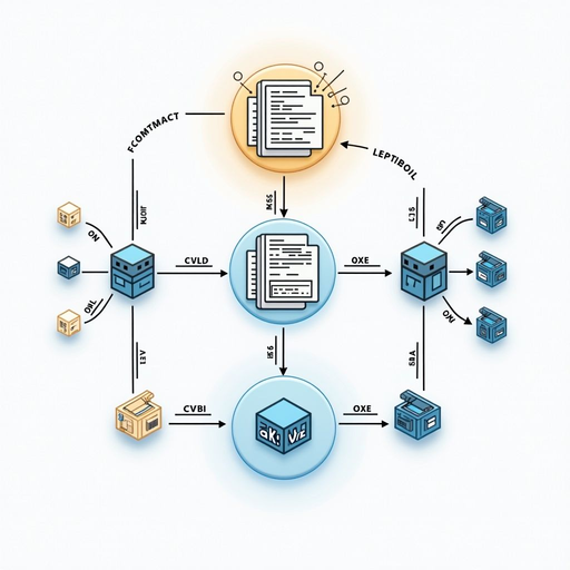 Detailed diagram illustrating smart contract architecture with code blocks, blockchain nodes, and automated execution pathways showing how self-executing agreements work on distributed networks