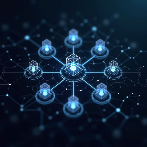 Visual representation of blockchain network with interconnected nodes forming a decentralized consensus system, showing validators communicating across a distributed network