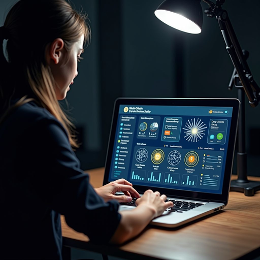 Student engaging with interactive blockchain learning platform on laptop, showing visual diagrams of cryptocurrency networks, decentralized systems, and educational progress tracking dashboard