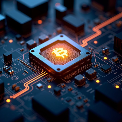 Detailed illustration of mining hardware performing cryptographic hash calculations, showing the computational process of Proof of Work consensus mechanism