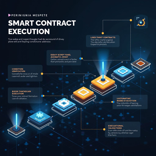 Detailed infographic illustrating the smart contract execution flow from deployment through condition verification to automatic execution, with visual representations of blockchain nodes validating each step