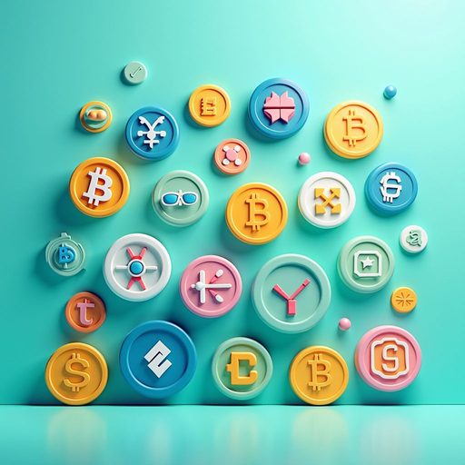 Illustration showing various types of digital assets including coins, tokens, and NFTs arranged in organized categories with modern iconography and teal gradient background