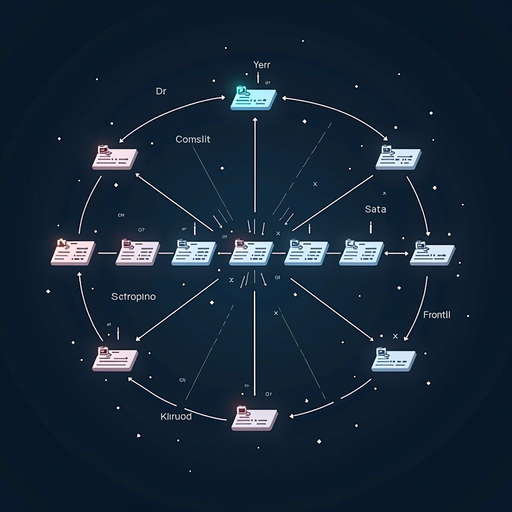 Diagram showing blockchain structure with connected blocks, each containing transaction data, timestamp, and cryptographic hash linking to previous block