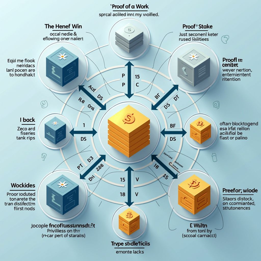 Detailed diagram illustrating blockchain consensus mechanisms including Proof of Work mining process with nodes validating transactions, Proof of Stake validator selection, and a flowchart showing how distributed networks reach agreement on transaction validity without central authority