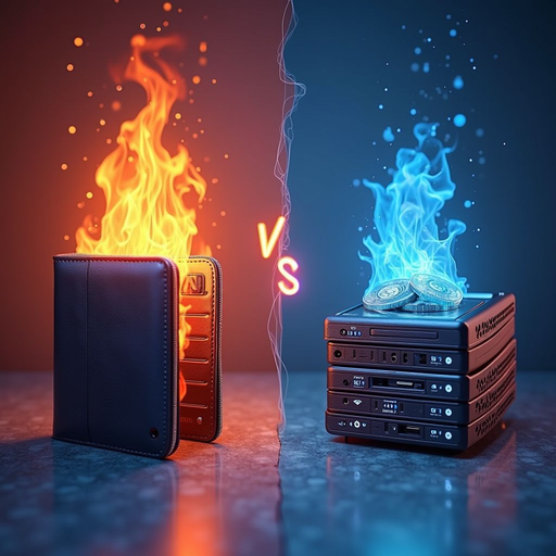 Hot wallet versus cold storage comparison showing internet-connected devices and offline hardware storage with security indicators