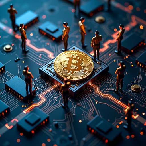 Illustration of proof of work mining process showing miners competing to solve cryptographic puzzles, with computational power represented by processing units working to find valid block hashes