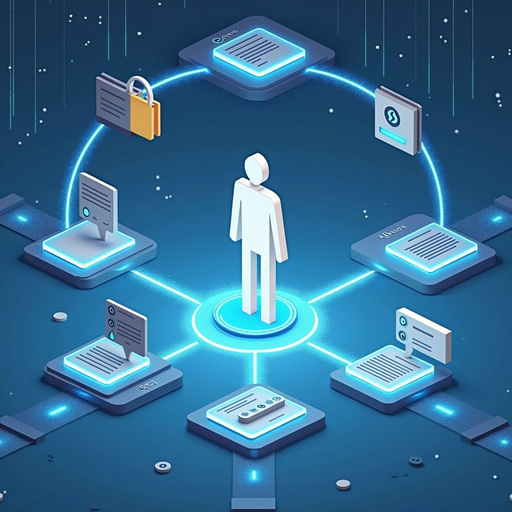 Conceptual diagram of digital identity verification using smart contracts, showing a user at the center controlling their personal data and selectively sharing verified credentials with different services through automated smart contract protocols