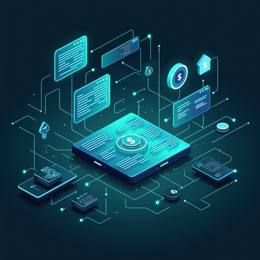 Modern illustration of smart contracts showing code blocks, automated agreements, and decentralized application interfaces with futuristic teal and blue design elements