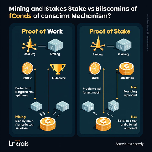 Side-by-side comparison infographic showing Proof of Work and Proof of Stake consensus mechanisms with visual representations of mining versus staking processes