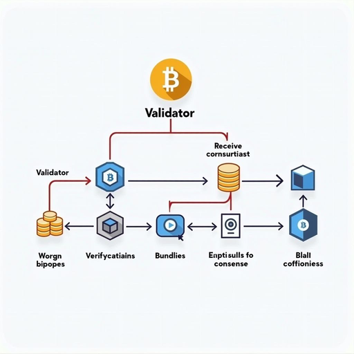 Flowchart showing validator workflow from receiving transactions, verifying validity, bundling into blocks, participating in consensus, and propagating confirmed blocks across the network