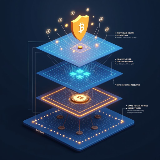 Layered diagram showing blockchain security architecture including consensus layer, cryptographic verification, economic incentives, and network distribution that collectively protect against attacks